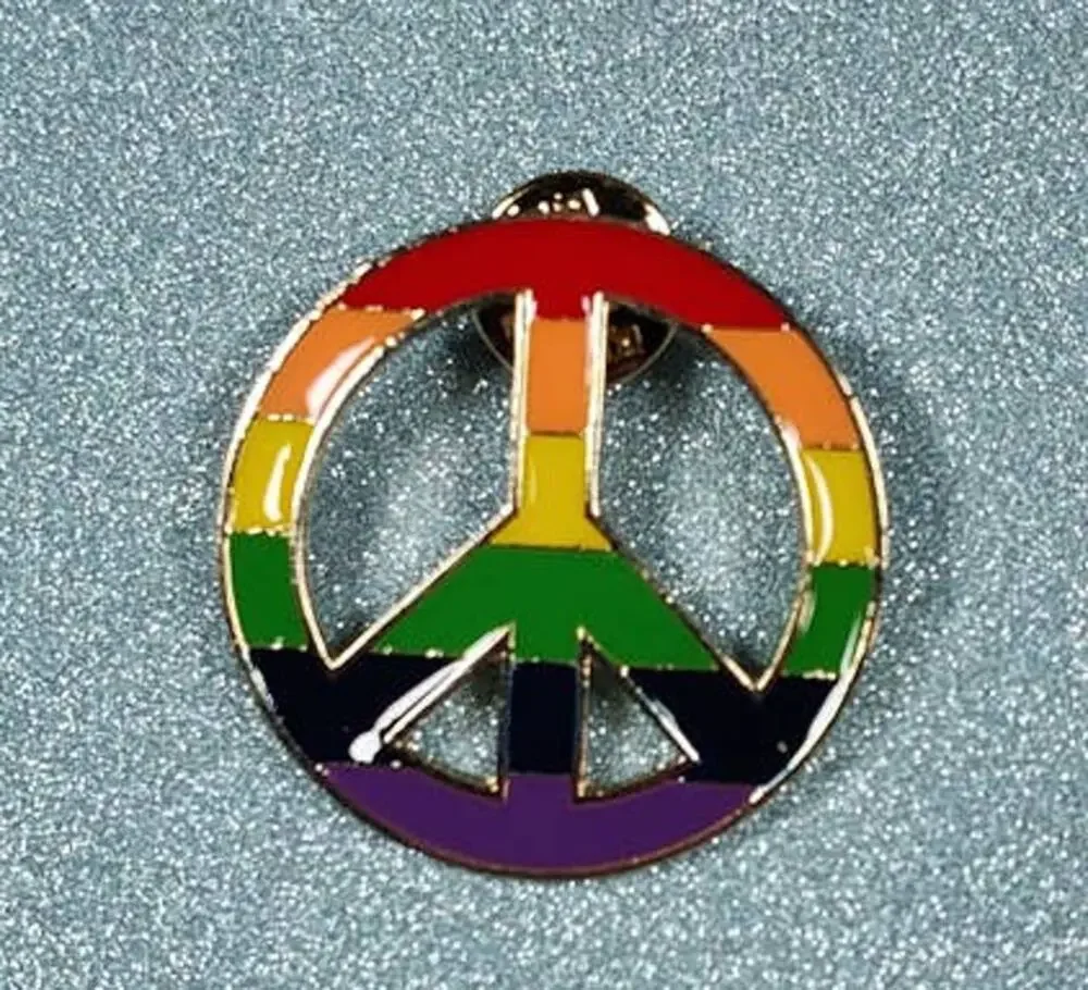 Rainbow Peace Sign Pin - Hat, Lapel, Lanyard, Apron, Jacket or Backpack